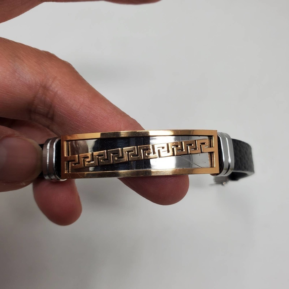 Stainless Steel Leather Cuff Silver and Gold Tone Metal Bracelet - Picture 4 of 7